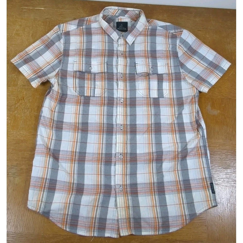 Prana Mens Seersucker Shirt Plaid‎ Short Sleeve Button Up Hiking Outdoors Size L